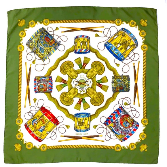 HERMES LES TAMBOURS Carre 90 Multicolor100%  Silk Scarf - Picture 1 of 8